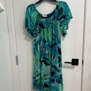 Leaf-Print Turquoise & Green Midi Dress with Flutter Sleeves